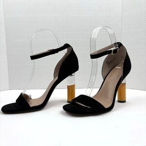 BCBG Shoes 6.5 Black Suede Ankle Strap Lucite Color Block Cylinder Chic Artsy